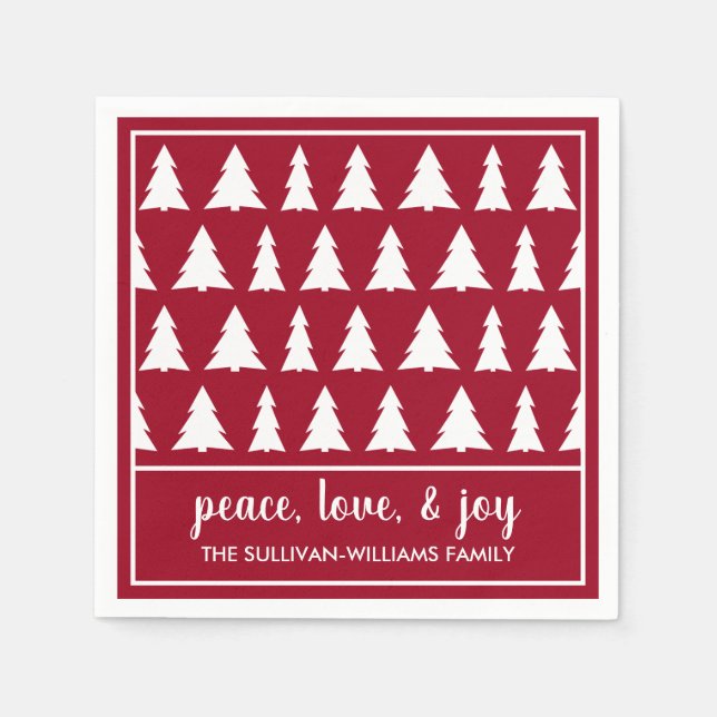 Chic Maroon White Tree Pattern Name Holiday Party Napkins (Front)