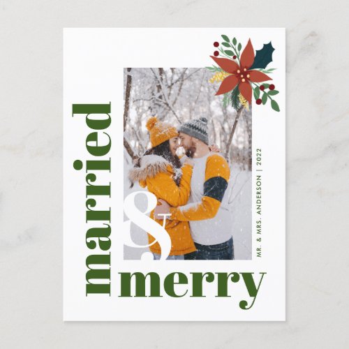 Chic Married and Merry Photo Christmas Poinsettia  Postcard