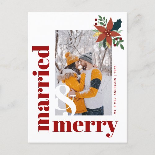 Chic Married and Merry Photo Christmas Poinsettia Postcard