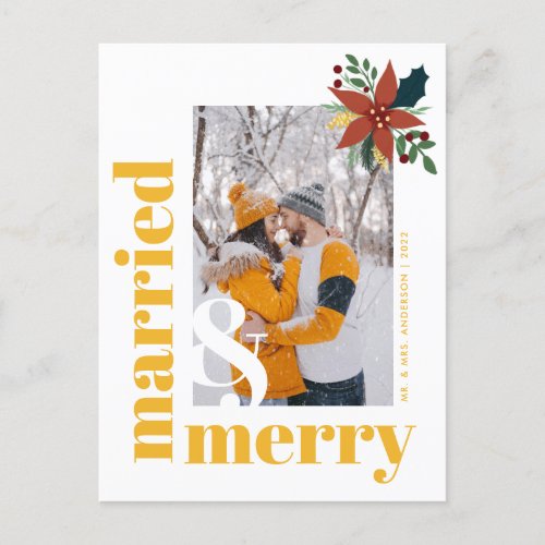 Chic Married and Merry Photo Christmas Poinsettia  Postcard