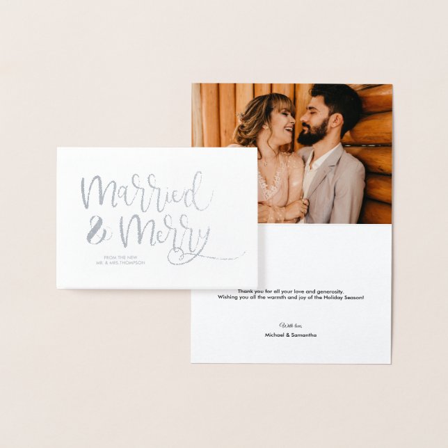 Chic Married & Merry Christmas Wedding Photo Foil Card (Display)