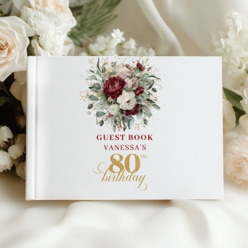 Chic Marsala Floral 80th Birthday Guest Book