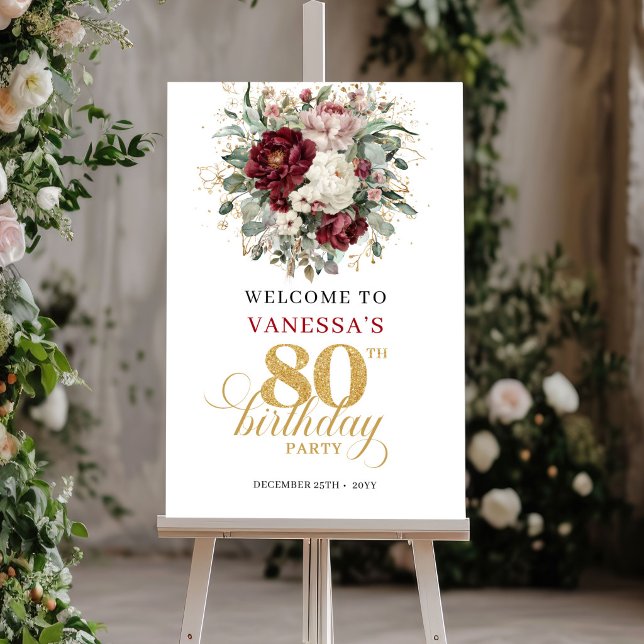 Chic Marsala Floral 80th Birthday Welcome Poster (Chic Marsala Floral 80th Birthday Welcome Poster)