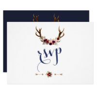 Chic Marsala Floral Antlers Navy Blue Wedding RSVP Card