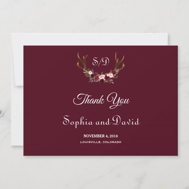 Chic Marsala Floral Antlers Wedding Thank you Card (Front)