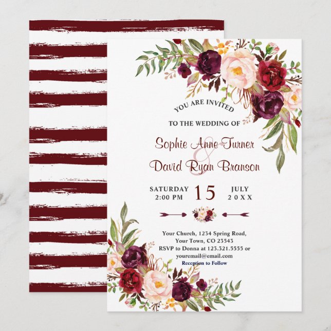 Chic Marsala Floral Burgundy Stripes Wedding Invitation (Front/Back)