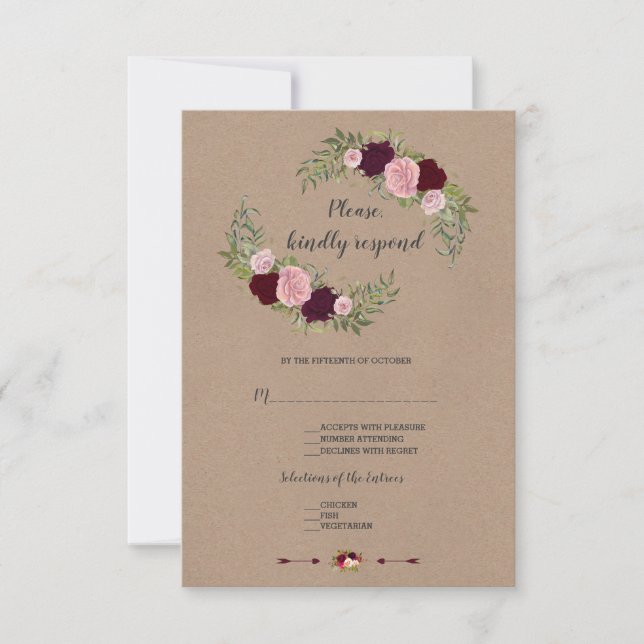 Chic Marsala Floral Craft Paper Wedding RSVP Card (Front)