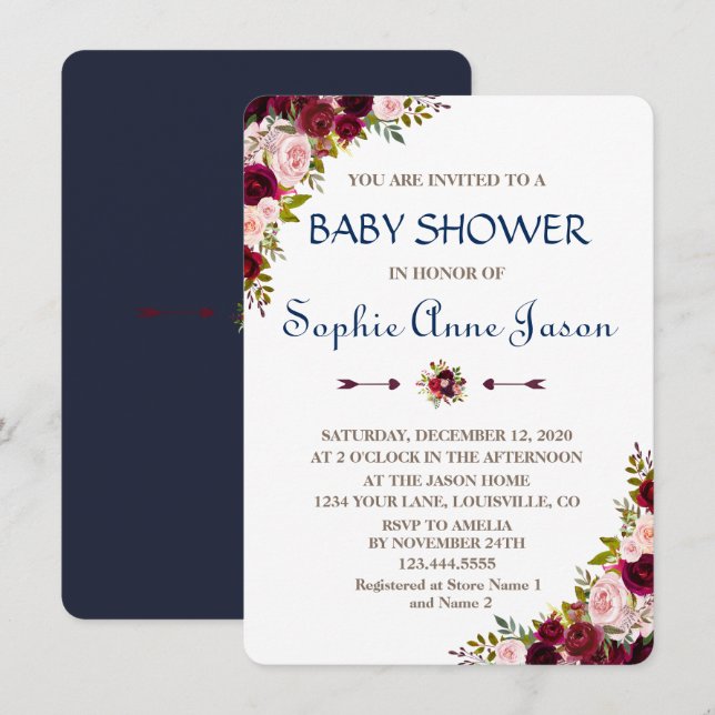 Chic Marsala Floral Fall Navy Blue Baby Shower Invitation (Front/Back)