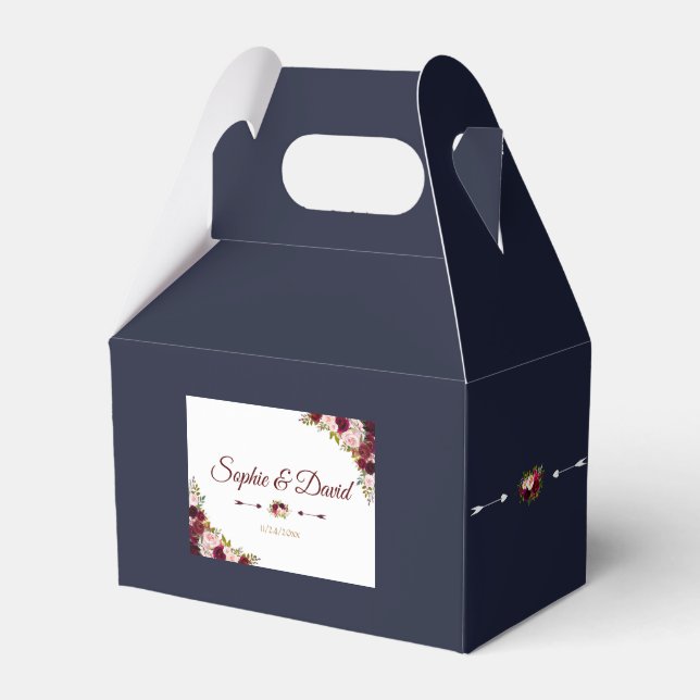 Chic Marsala Floral Fall Navy Blue Wedding Favor Boxes (Front Side)