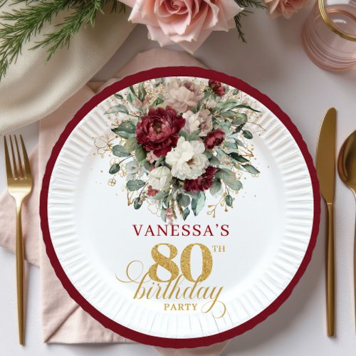Chic Marsala Floral Gold 80th Birthday Paper Plate