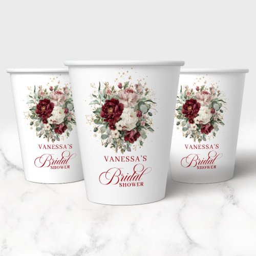 Chic Marsala Floral Gold Bridal Shower Paper Cups