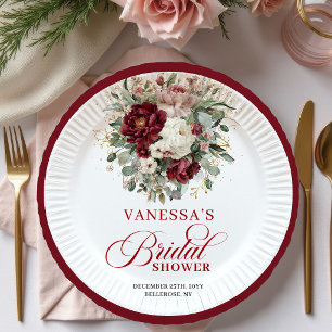 Chic Marsala Floral Gold Bridal Shower Paper Plate