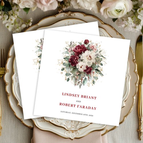 Chic Marsala Floral Greenery Gold Wedding Napkins