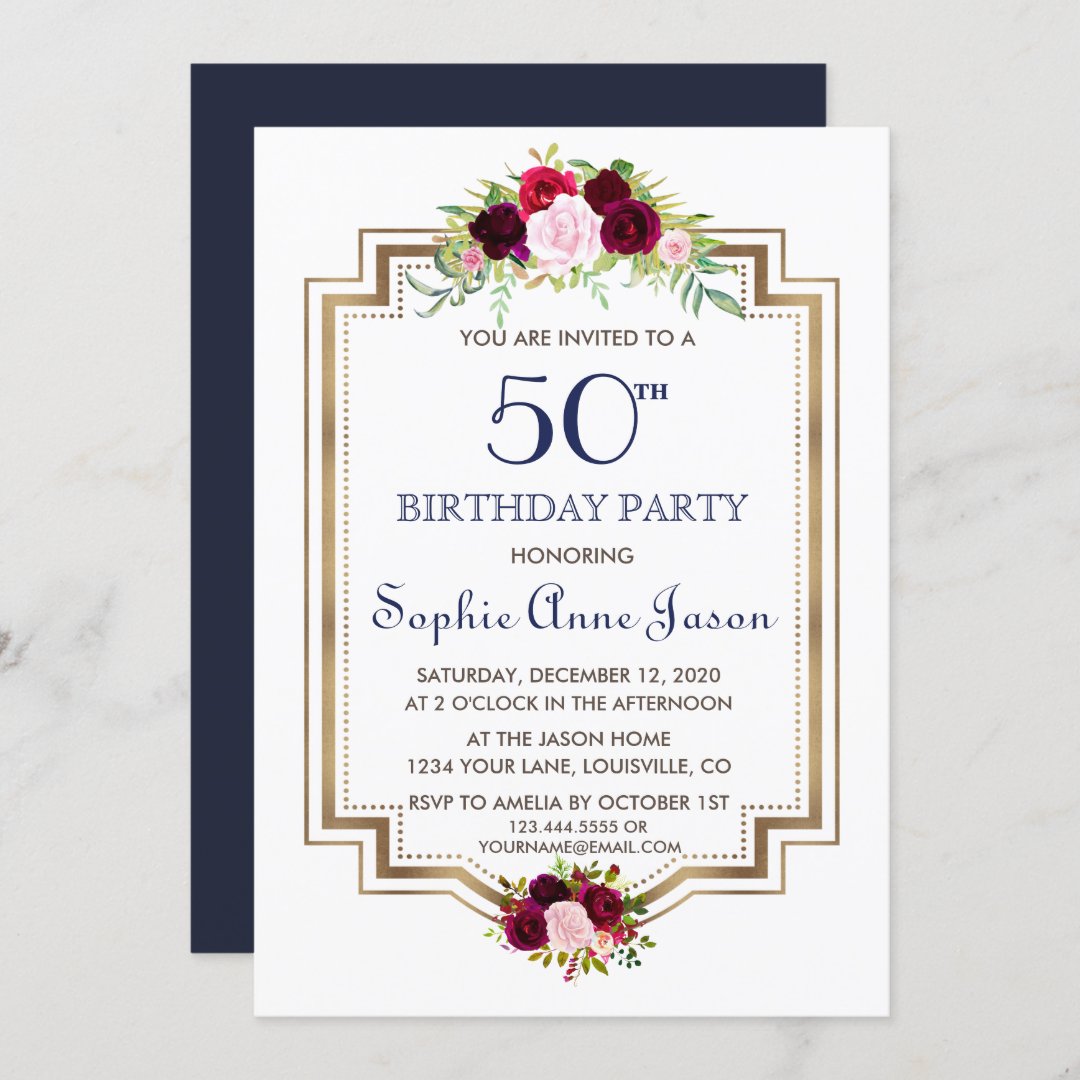 Chic Marsala Floral Navy Blue Gold 50th Birthday Invitation | Zazzle