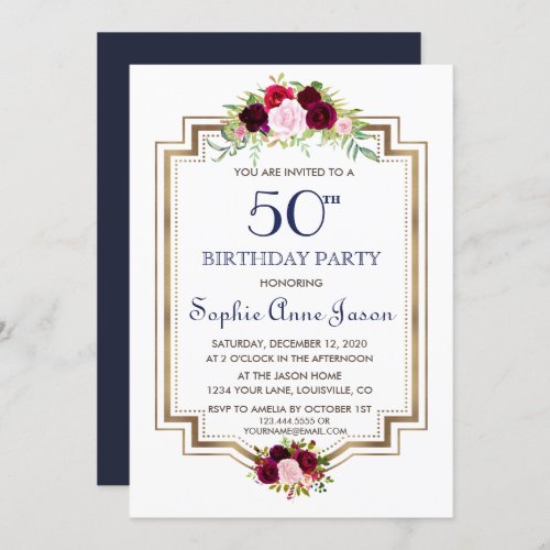 Chic Marsala Floral Navy Blue Gold 50th Birthday Invitation