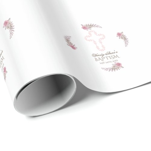 Chic Marsala Maroon Floral Girl Baptism Wrapping Paper