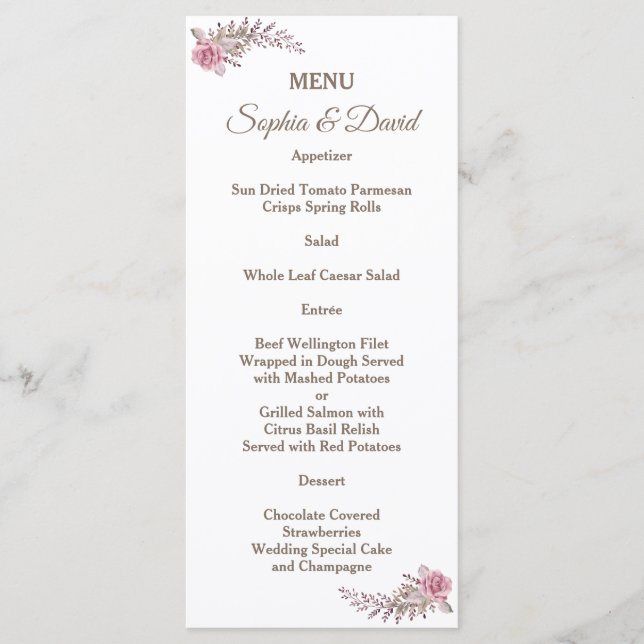 Chic Marsala Maroon Floral Watercolor Wedding Menu (Front)