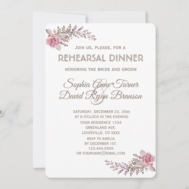 Chic Marsala Maroon Floral White Rehearsal Dinner Invitation (Front)