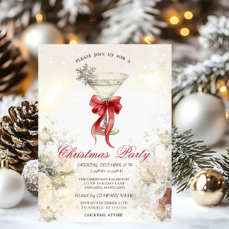 Chic Martini Red Bow Snowflakes Presents Company  Invitation