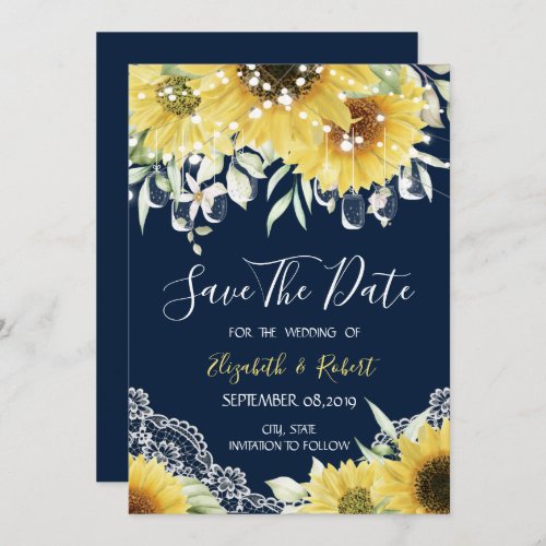 Chic Mason Jar LaceSunflowers Navy Blue Save The Date