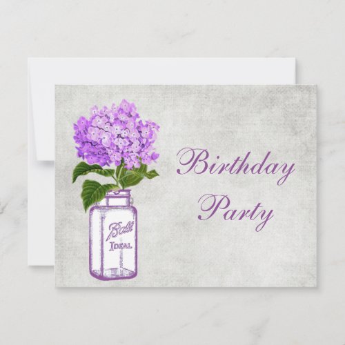 Chic Mason Jar &amp; Purple Hydrangea Birthday Party Personalized Invite
