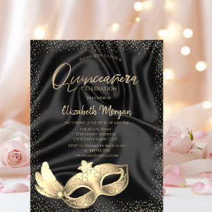 Chic Masque,Confetti Black Satin Quinceañera Invitation
