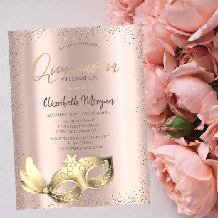 Chic Masque,Confetti Rose Gold Quinceañera Invitation