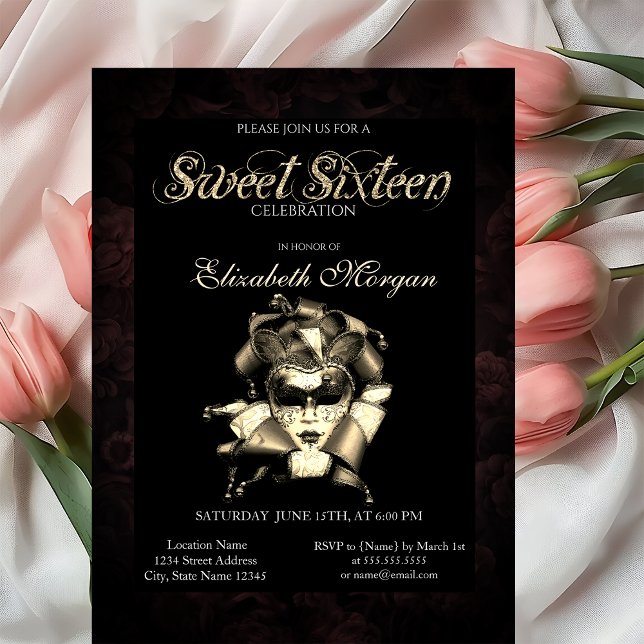 Chic Masque Roses Black Sweet 16 Invitation (Creator Uploaded)