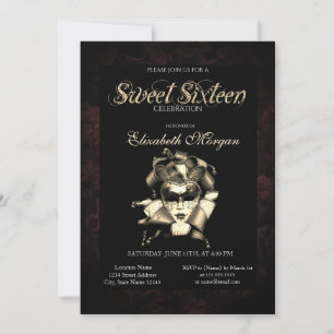 Chic Masque Roses Black Sweet 16 Invitation