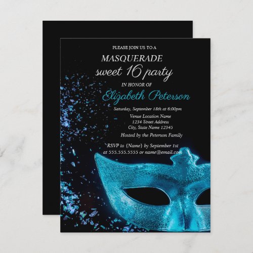 Chic Masquerade Blue Masque Black Sweet 16 Invitation