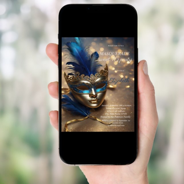 Chic Masquerade Blue Masque Bokeh Sweet 16  Invitation (Front Digital)