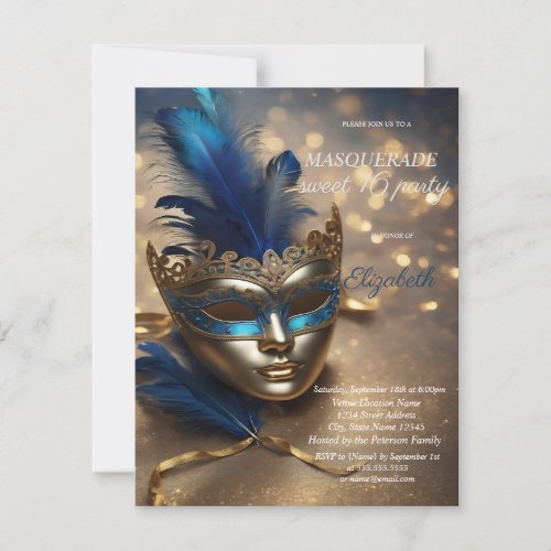 Chic Masquerade Blue Masque Bokeh Sweet 16  Invitation