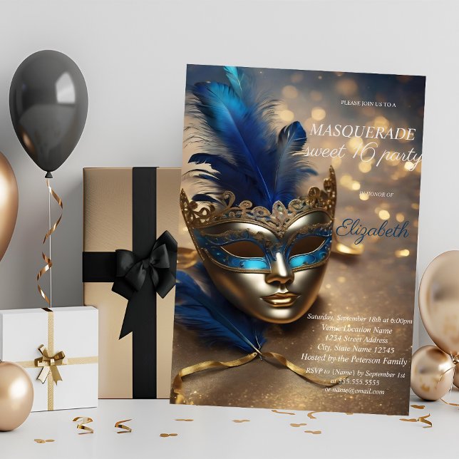 Chic Masquerade Blue Masque Bokeh Sweet 16  Invitation (Creator Uploaded)
