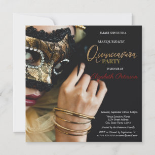 Chic Masquerade Girl Masque Black Quinceanera Invitation