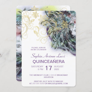 Chic Masquerade Gold Quinceañera Party Invitation