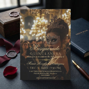 Chic Masquerade gold Quinceanera Photo Invitation