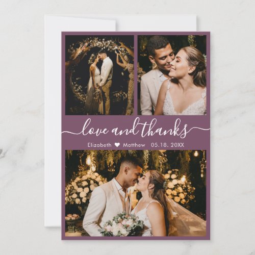Chic Mauve Elegant Script 3 Photo Collage Wedding Thank You Card