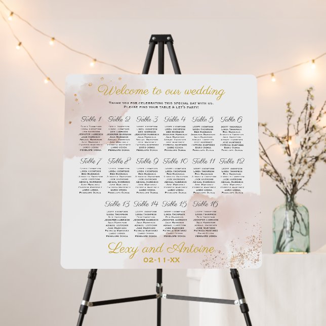 Chic Mauve Gold Wedding 16T SQ Seating Chart Foam Board (In Situ (Stand))