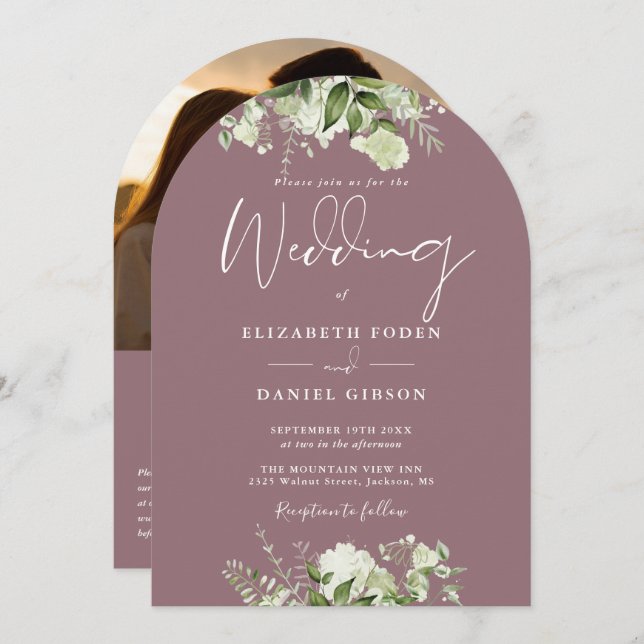 Chic Mauve Greenery QR Code Photo Arch Wedding Invitation (Front/Back)