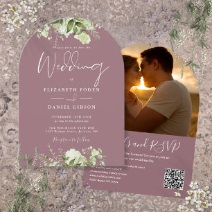 Chic Mauve Greenery QR Code Photo Arch Wedding Invitation