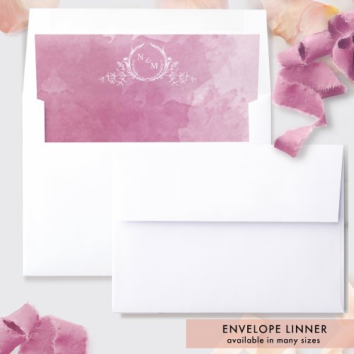 Chic Mauve Pink Watercolor White Monogram Wedding Envelope Liner