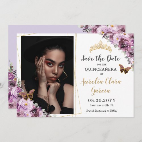 Chic Mauve Plum Purple Floral Quinceaera Photo Save The Date