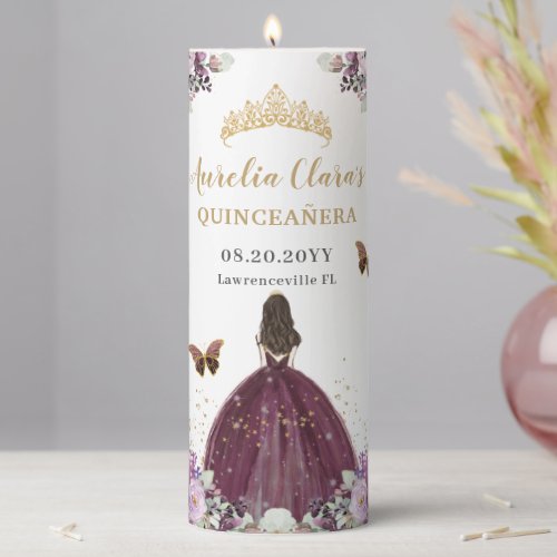 Chic Mauve Plum Purple Floral Tiara Quinceaera  Pillar Candle