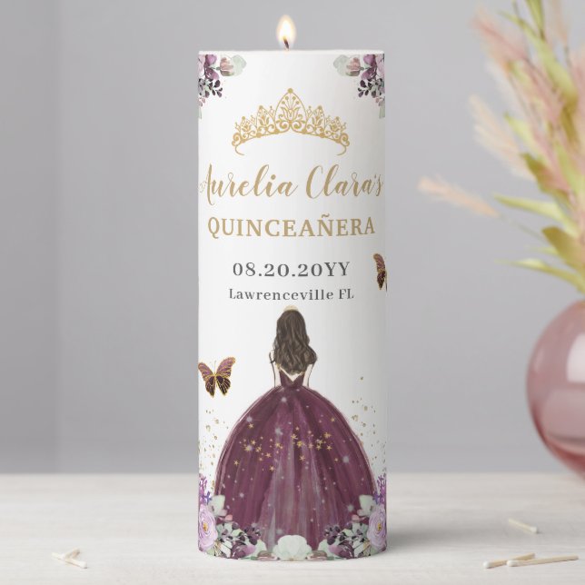 Chic Mauve Plum Purple Floral Tiara Quinceañera  Pillar Candle (In Situ)