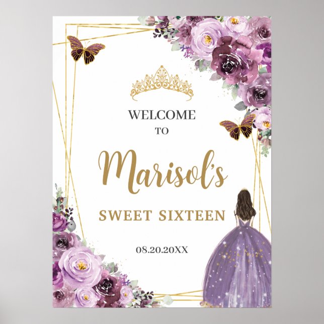 Chic Mauve Plum Purple Floral Tiara Sweet Sixteen  Poster (Front)