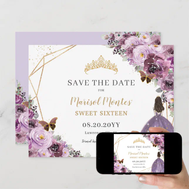 Chic Mauve Plum Purple Floral Tiara Sweet Sixteen Save The Date | Zazzle