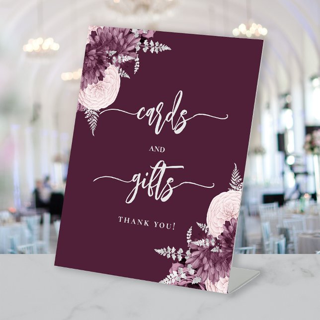 Chic Mauve Silver Floral Wedding Cards Gifts Pedestal Sign (Creator Uploaded)
