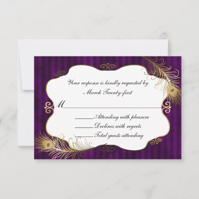 Chic Mave & Golden Peacock Feather Wedding RSVP Card (Front)