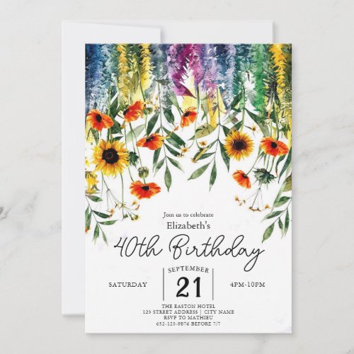 Chic Meadow Wildflowers 40th birthday Invitation