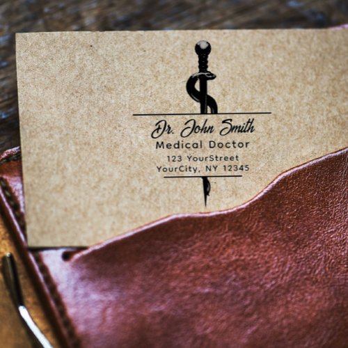 Chic Medical Asclepius Script Name Return Address Rubber Stamp